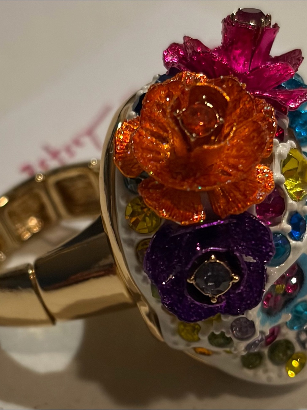 Betsey Johnson Jeweled Floral Sugar Skull Accent Ring - Picture 2 of 4